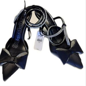 Express NWT Black Pointed Toe Rhinestone Bow Strappy Heels, Size 10